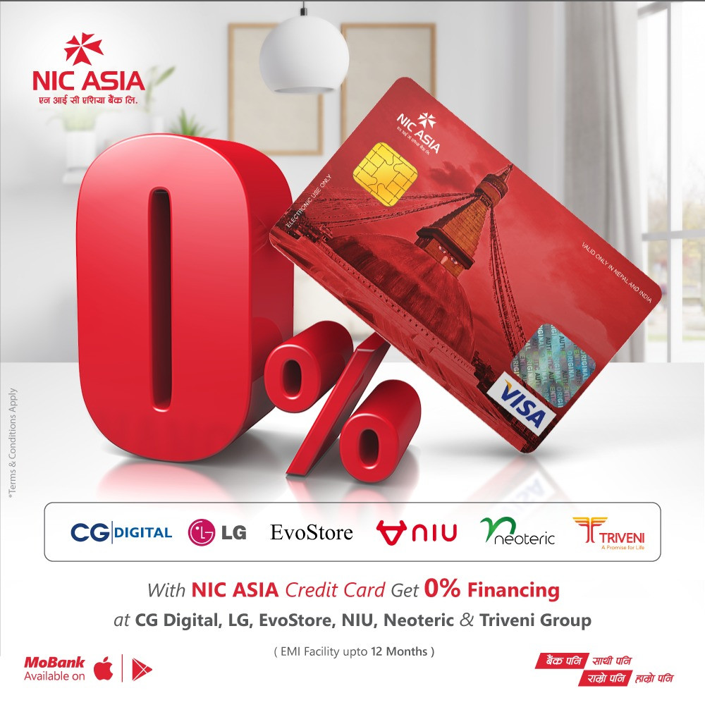 एनआईसी एशिया बैंकको क्रेडिट कार्डबाट पाँच लाखसम्म शून्य ब्याजदरमा विद्युतीय सामग्री पाइने
