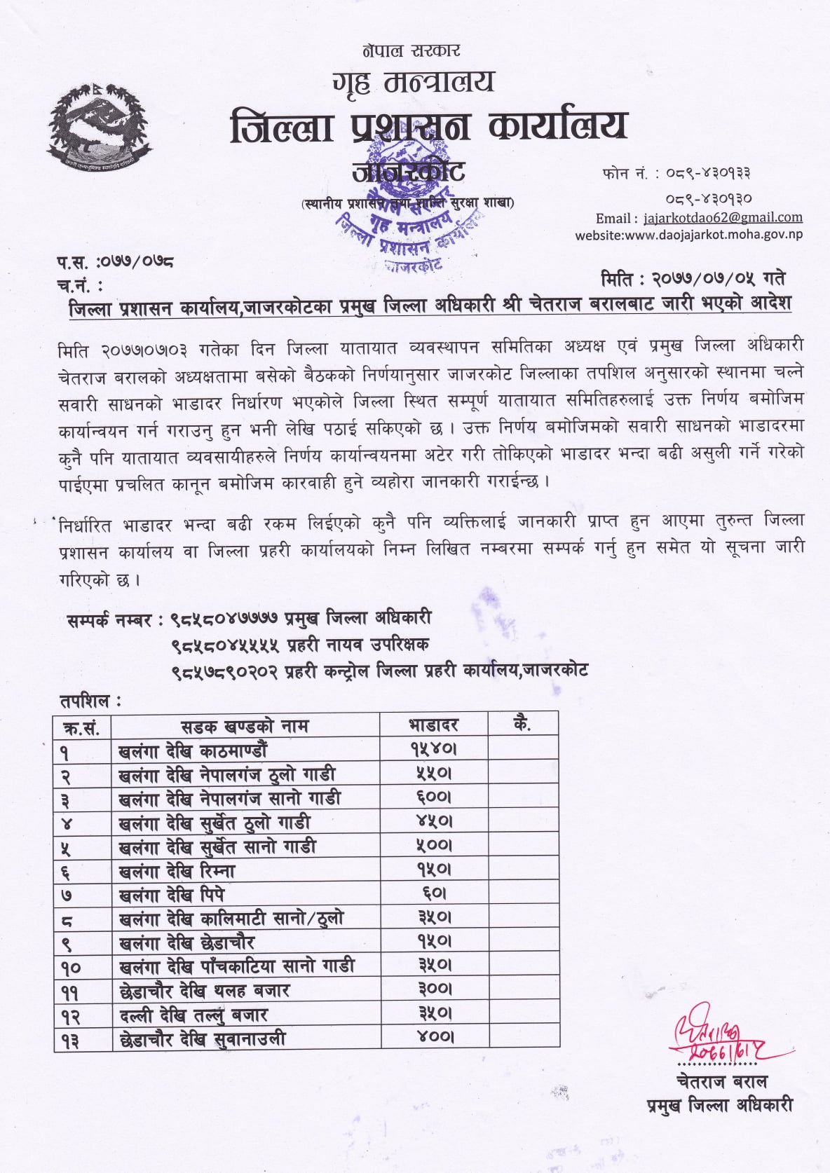 मनपरी भाडा असुल्न थालेपछि जाजरकोटमा भाडादर सार्वजनिक