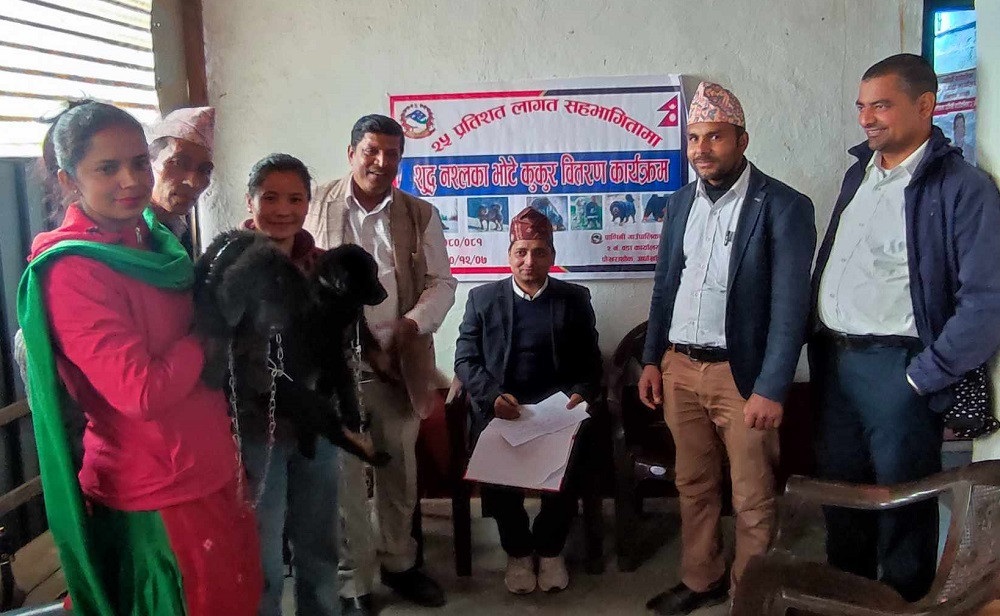 वन्यजन्तुबाट बाली जोगाउन किसानलाई भोटे कुकुर वितरण