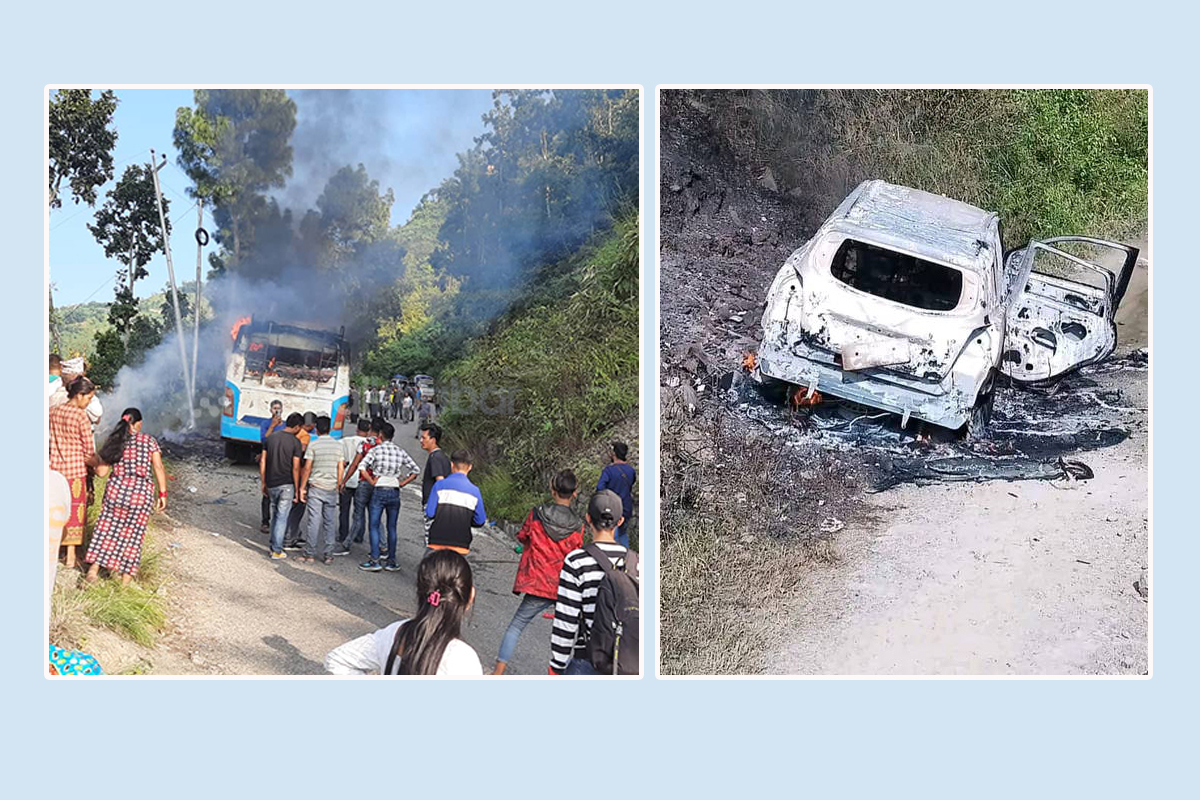 सिन्धुपाल्चोकमा गुडिरहेको कारमा आगलागी, खोटाङमा सडकमै जल्यो बस