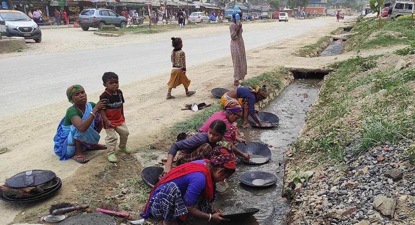 दमौलीको नालामा सुन खोज्दै महिला